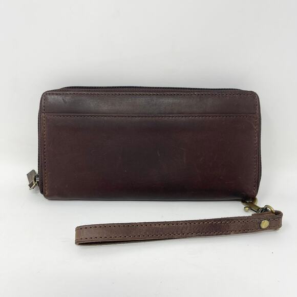 Elevate People Full-Grain Leather Wallet‎ Dark Brown Full Zip Wristlet Strap - Picture 5 of 7